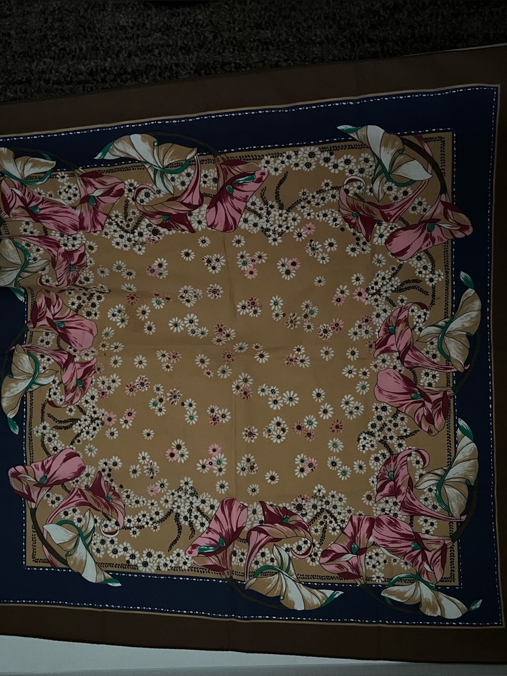 Morsly Floral Border Square Scarf in Mustard, Navy & Brown